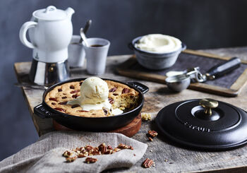 One Pan Cookie With Pecan Nuts and Chocolate