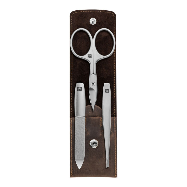 PREMIUM, 3-pc, Leather Manicure Pedicure Set With Combination Nail Scissors, Brown, large 1