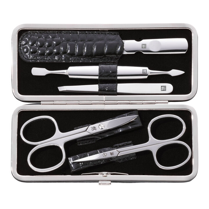 CLASSIC, 5-pc, Black Matte, Leather, Manicure Pedicure Set With Nail Scissors, large 1