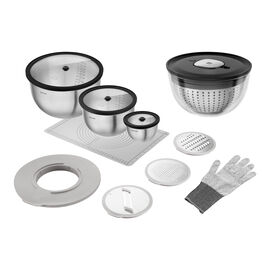 Set essoreuse à salade avec accessoires, 14-pcs, s/m/l, noir/gris, inox/verre