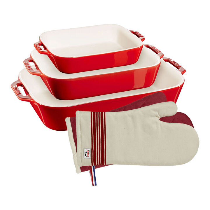 Ceramique, Set di pirofile con guanti da forno, 5-pz. / S/M/L, ciliegia, Ceramica / Cotone, large 1