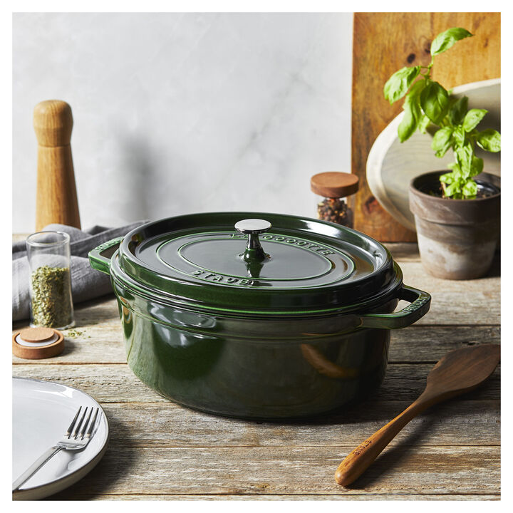 Cast Iron, 5.75 qt, Oval, Dutch Oven, Basil, large 2