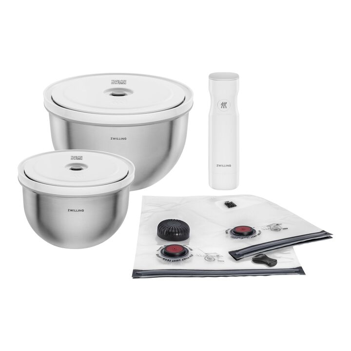 Fresh & Save BOWLS, Vakuum startpakke, Rustfrit stål / M/L, 9-dele, Sølv-Hvid, large 1
