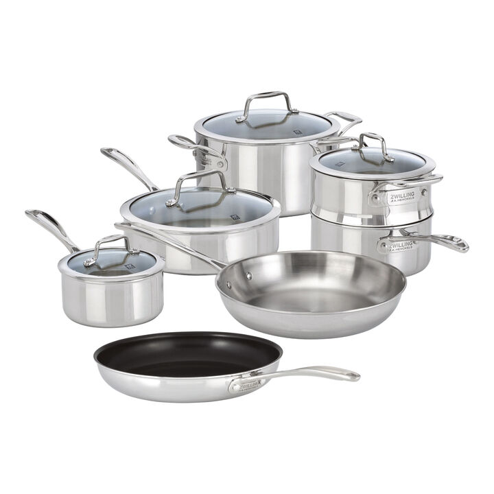 Vista Clad, 10 Piece 18/10 Stainless Steel cookware set with bonus non-stick frypan, large 1