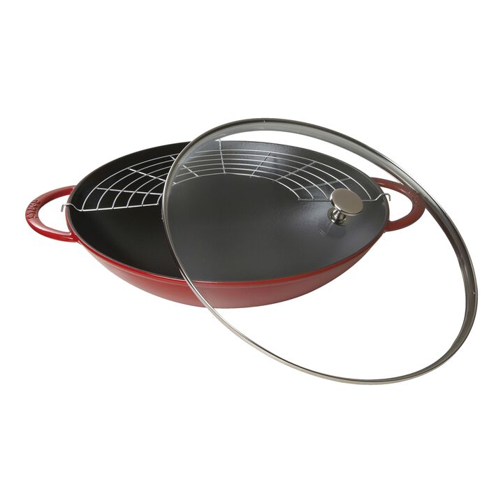 Specialities, Wok mit Glasdeckel 37 cm, rund, Kirsch-Rot, Gusseisen, large 1