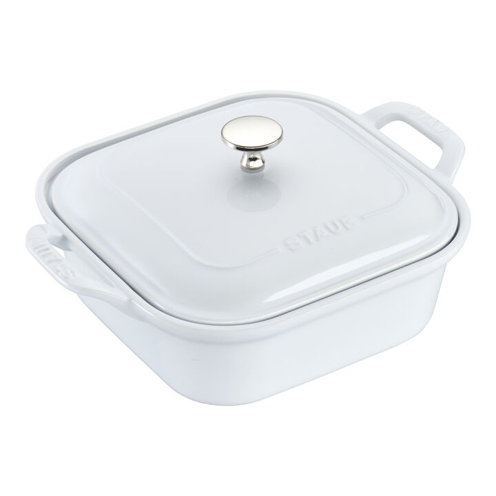 Stoneware, 9-inch, Square, Covered Baking Dish, White, large 1