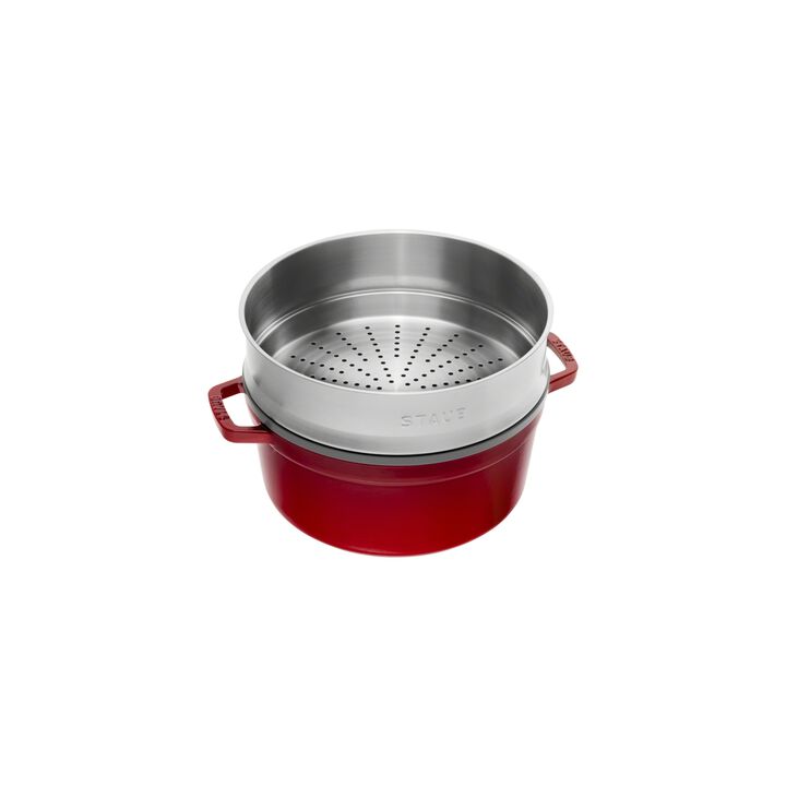 La Cocotte, Cocotte com vaporizador 26 cm, redondo, Vermelho cereja, Ferro fundido, large 2
