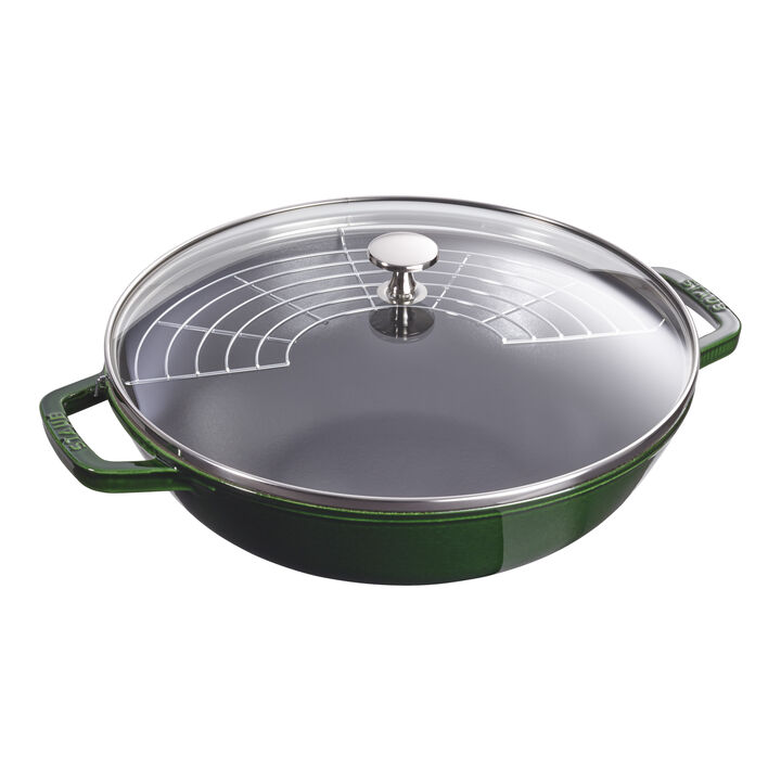 Specialities, Wok mit Glasdeckel 30 cm, rund, Basilikum-Grün, Gusseisen, large 1