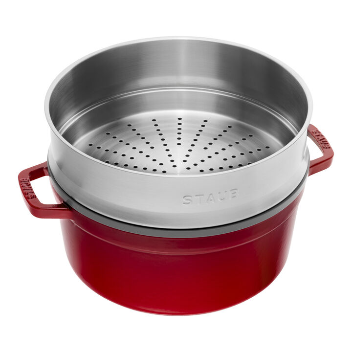 La Cocotte, Cocotte com vaporizador 26 cm, redondo, Vermelho cereja, Ferro fundido, large 3
