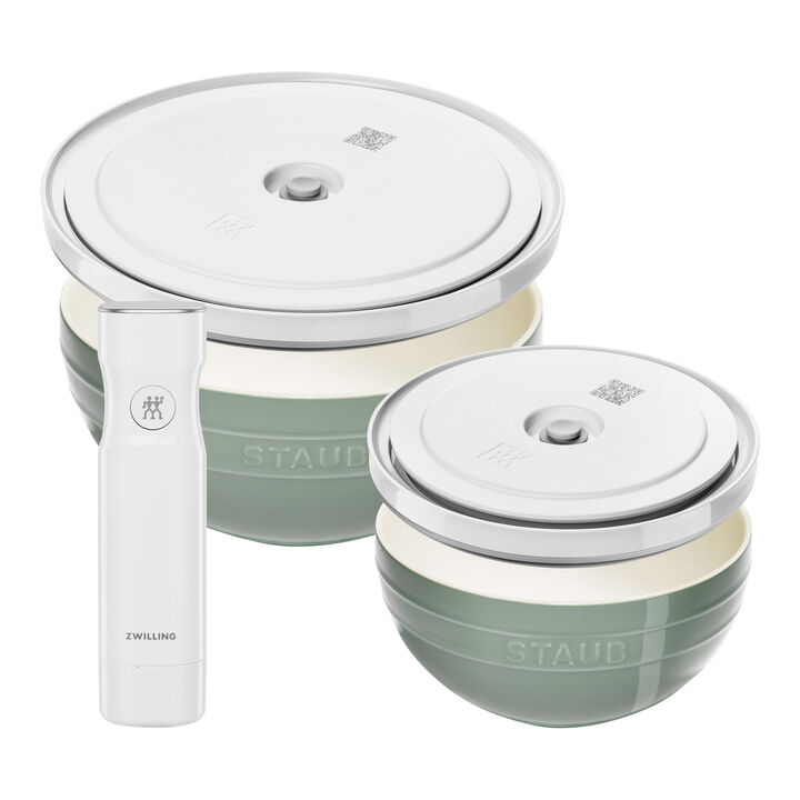 Set de bols avec pompe et couvercles sous vide, 5-pcs. /M/L/ 18/24 cm, eucalyptus, Céramique, large 1