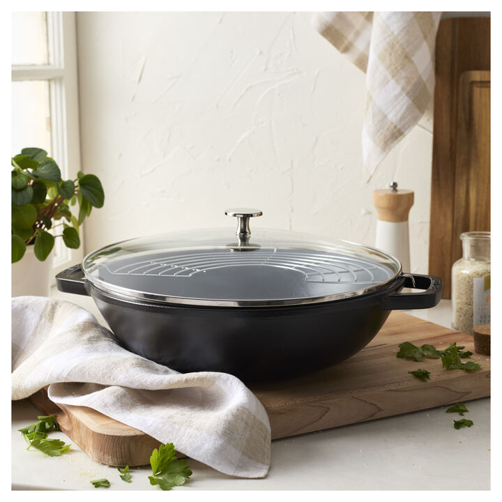 Specialities, Wok mit Glasdeckel 30 cm, rund, Schwarz, Gusseisen, large 2