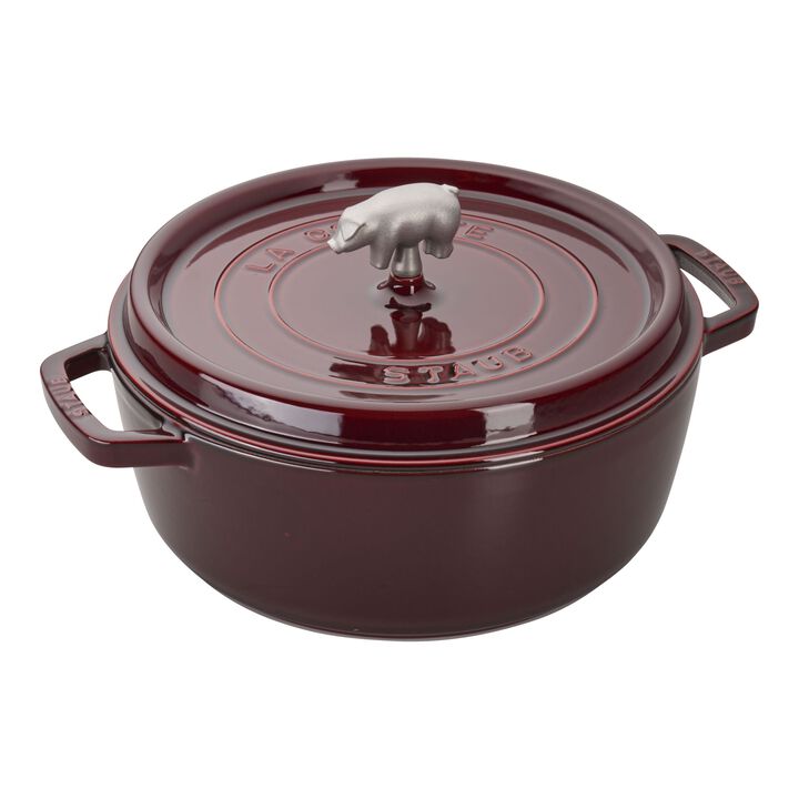 Cast Iron, 6 qt, Pig, Cochon Shallow Wide Round Dutch Oven, Grenadine, large 1