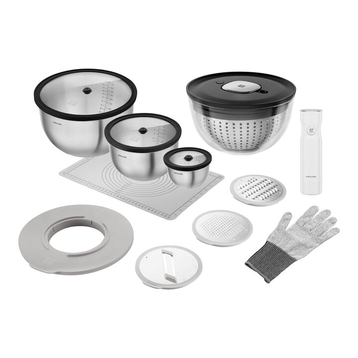 Fresh & Save, Set essoreuse à salade avec pompe sous vide et accessoires, 15-pcs, s/m/l, noir/blanc, inox/verre, large 1